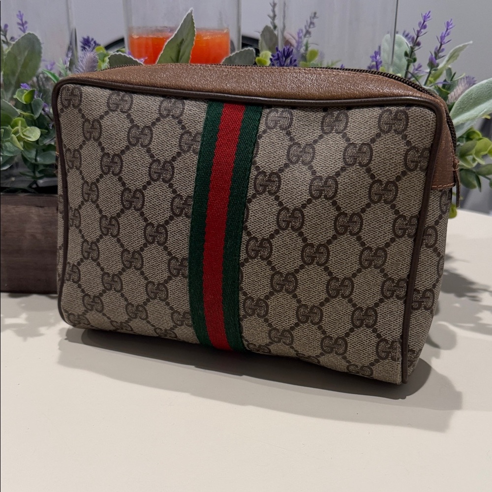 Auth Vintage GUCCI Web Sherry Line Pochette Borsa a mano GG PVC leather trim